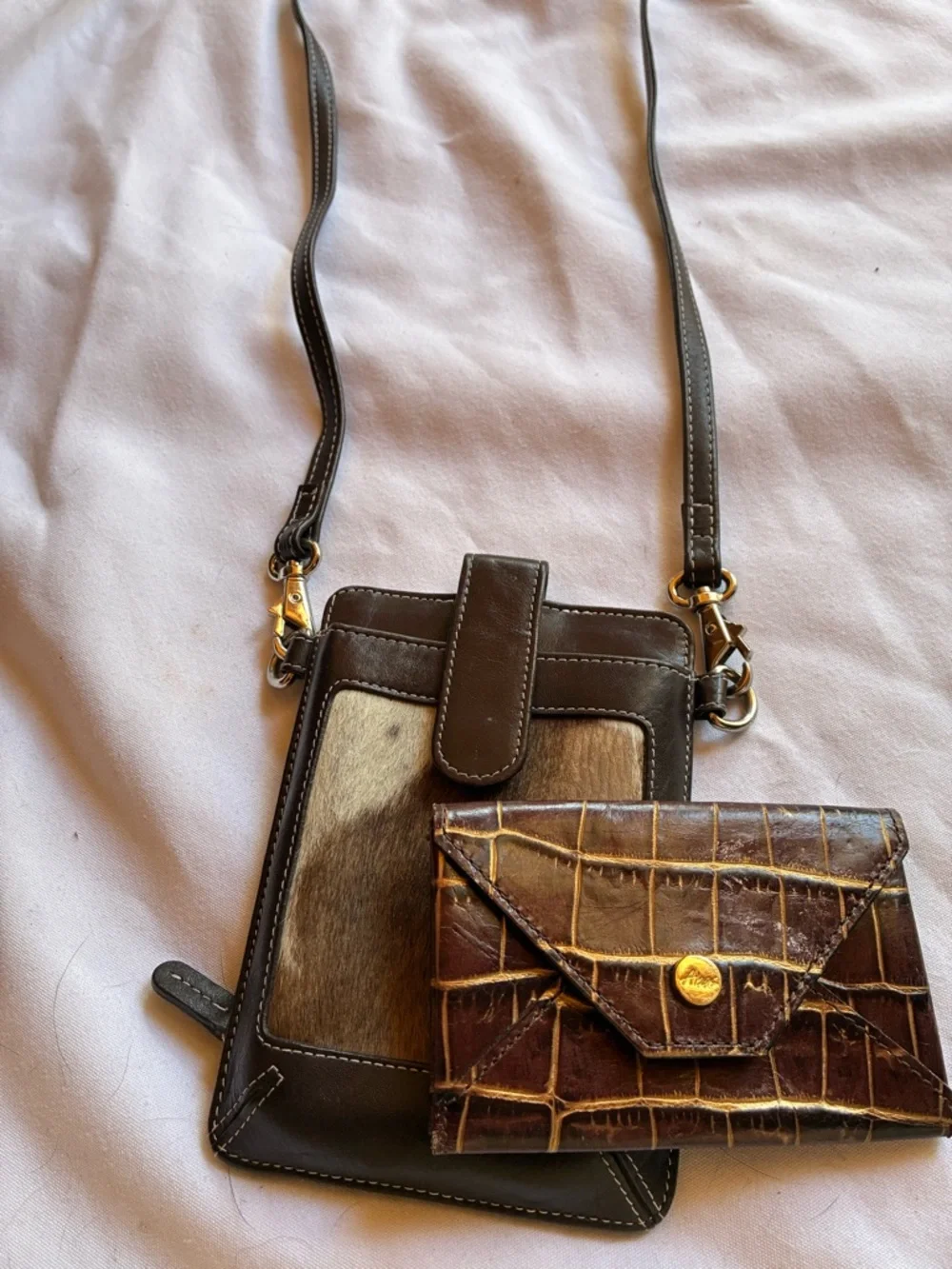 2 Croc-Embossed Wallets Brown Leather Card Wallet with Gold Snap and Calf Hair
